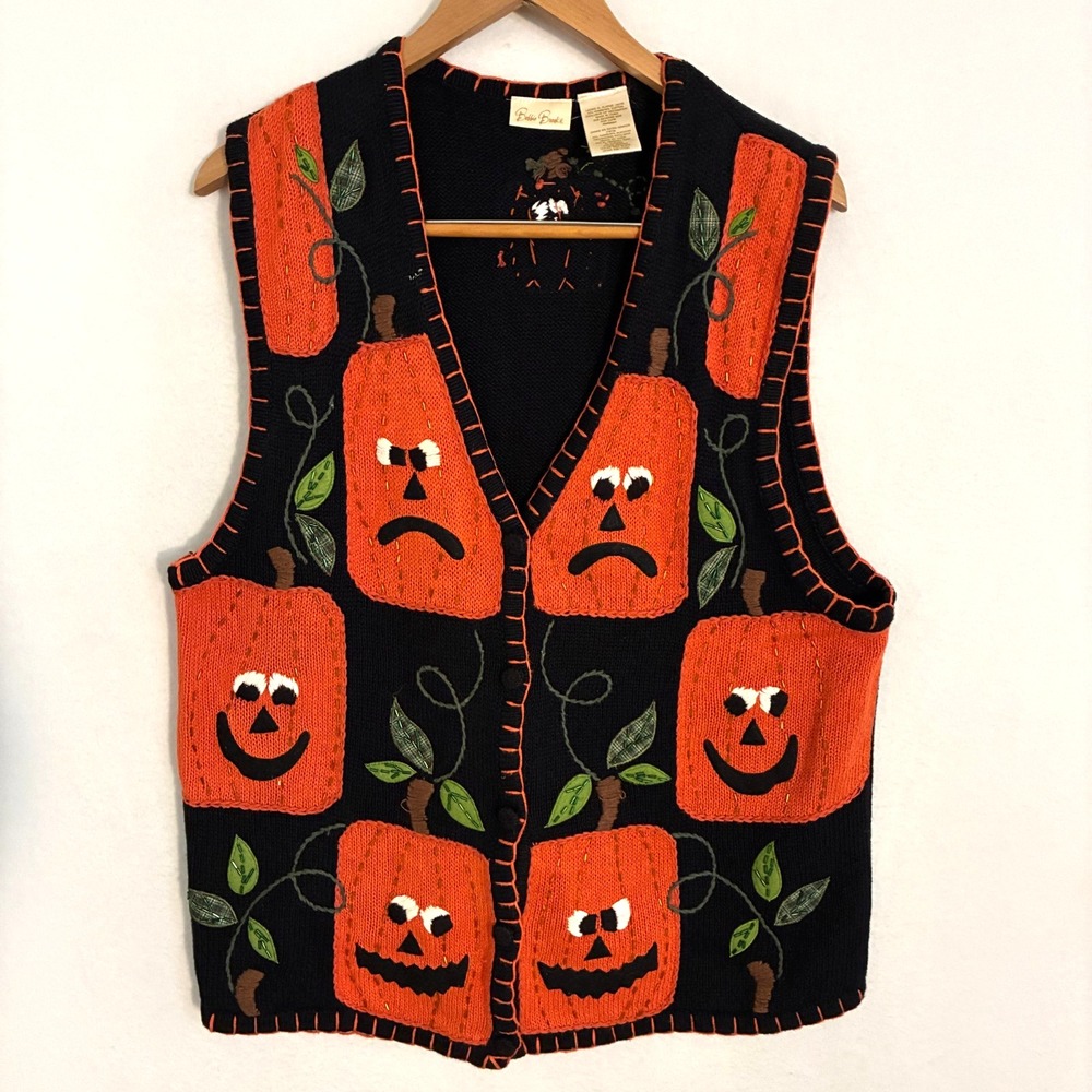Vtg Bobbie Brooks Sweater Vest Womens XL Knit Jack-O-Lantern Halloween Pumpkins